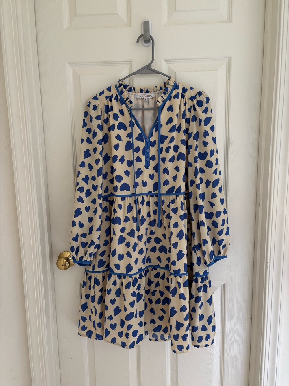 Joy Joy Cream Dress with Blue Heart Print